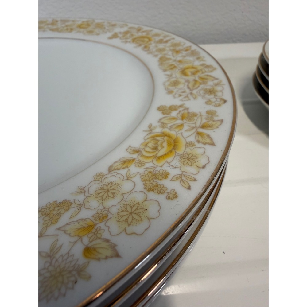Vintage Fine China Yellow Gold Floral Rose Dinner Plates Set of 4